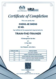 HRDCORP Certification of Completion for "Train the Trainer", awarded to Cheng Jie Sheng