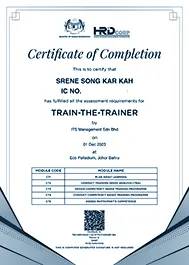 HRDCORP Certification of Completion for "Train the Trainer", awarded to Srene Song