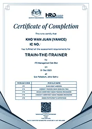 HRDCORP Certification of Completion for "Train the Trainer", awarded to Vanice Kho