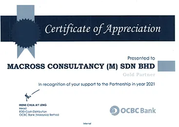 Certification of Appreciation Awarded by OCBC (Year 2021)