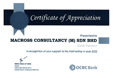 Certification of Appreciation Awarded by OCBC