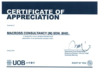 Certification of Appreciation Awarded by UOB